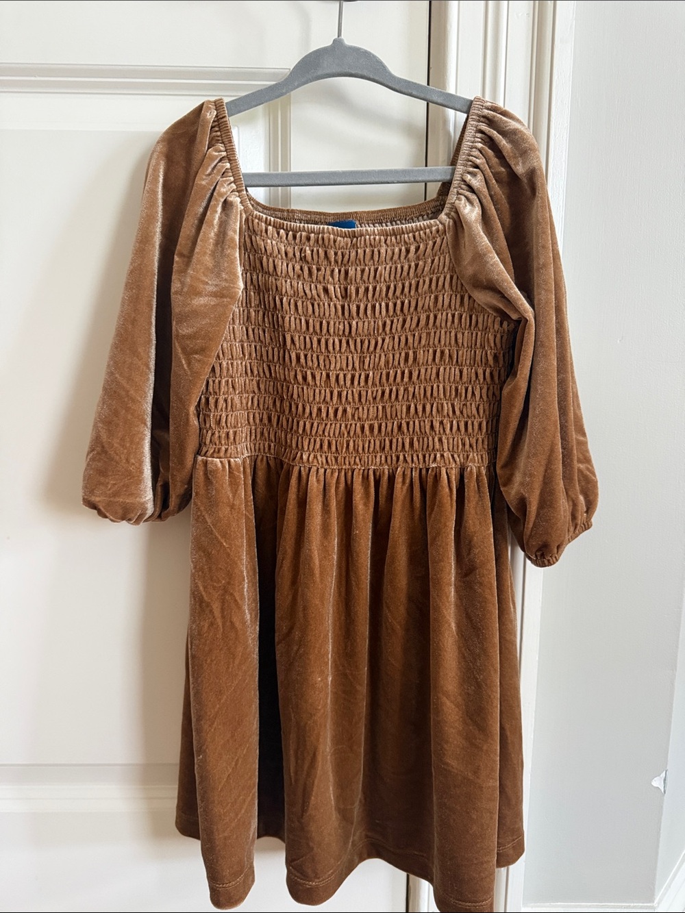 Beautiful Smocked Velvet Puff-Sleeve Dress in Gold Brown!